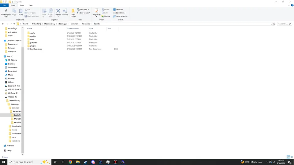 File Explorer showing the BepInEx folder with cache, config, core, patchers and plugins folders and the LogOutput.log file.