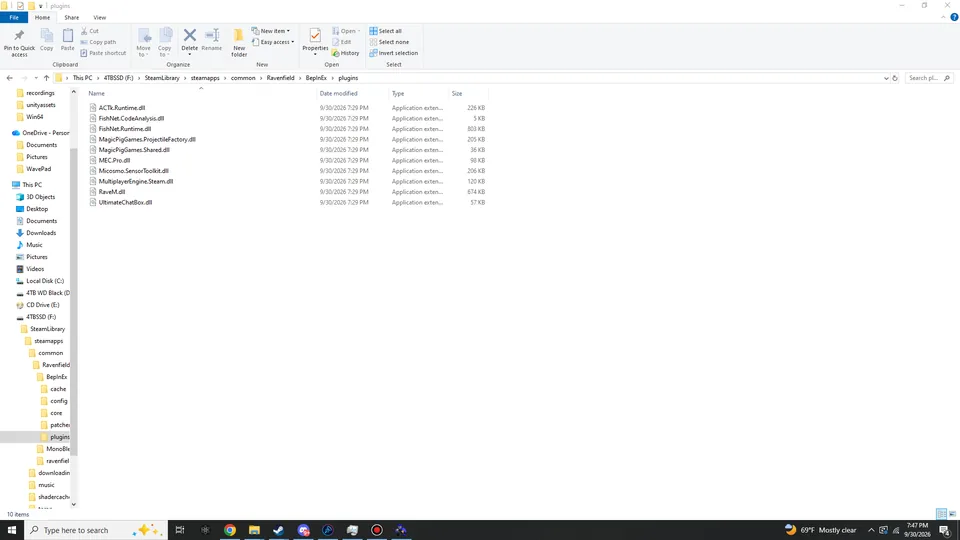 File Explorer showing BepInEx\plugins with ten DLL files: ACTk.Runtime.dll, FishNet.CodeAnalysis.dll, FishNet.Runtime.dll, MagicPigGames.ProjectileFactory.dll, MagicPigGames.Shared.dll, MEC.Pro.dll, Micosmo.SensorToolkit.dll, MultiplayerEngine.Steam.dll, RaveM.dll and UltimateChatBox.dll.