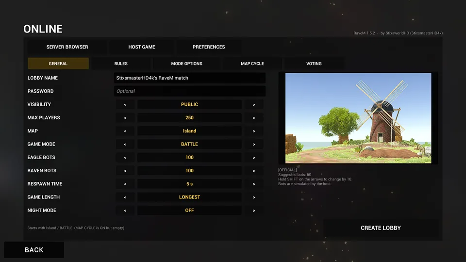 HOST GAME, GENERAL tab: lobby name, optional password, visibility PUBLIC, max players 250, map Island, game mode BATTLE, 100 Eagle bots, 100 Raven bots, respawn 5 s, game length LONGEST, night mode off, with a preview of the Island map and a CREATE LOBBY button.
