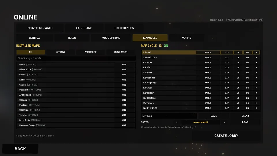 HOST GAME, MAP CYCLE tab: installed maps on the left with ALL, OFFICIAL, WORKSHOP and LOCAL MODS filters; on the right a map cycle of 13 entries, each with a mode, DAY, UP, DN and X buttons, plus SAVE, CLEAR and LOAD.