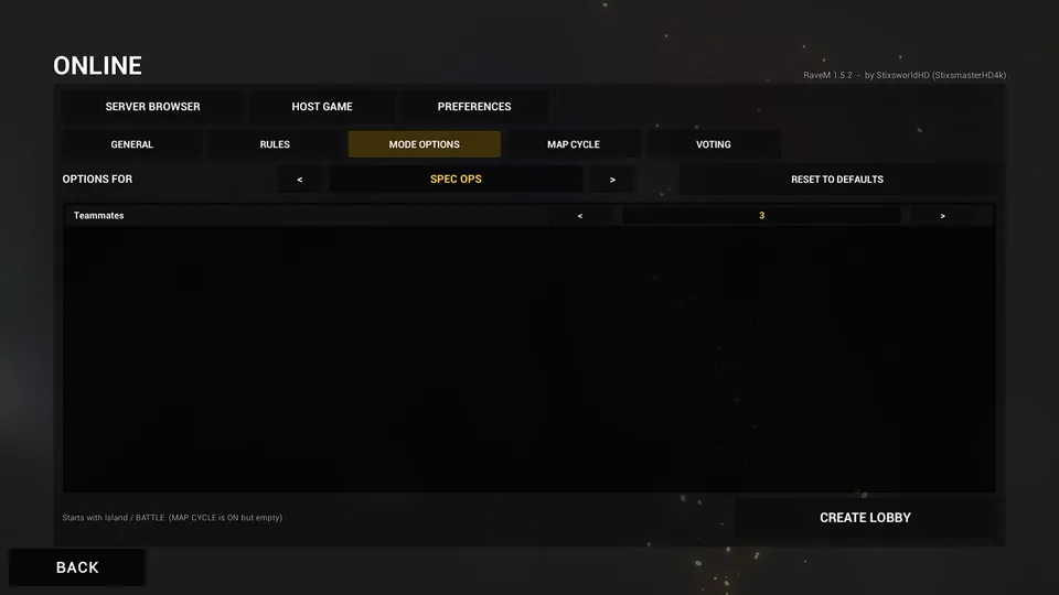 HOST GAME, MODE OPTIONS tab with options for SPEC OPS: Teammates set to 3.