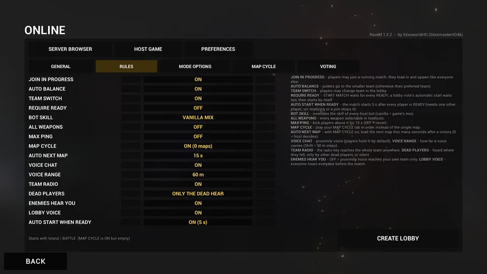 HOST GAME, RULES tab listing join in progress, auto balance, team switch, require ready, bot skill, all weapons, max ping, map cycle, auto next map, voice chat, voice range, team radio, dead players, enemies hear you, lobby voice and auto start when ready, with an explanation of each on the right.