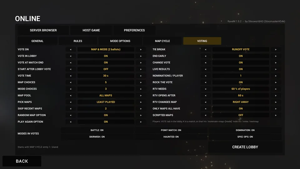 HOST GAME, VOTING tab with vote rules such as VOTE ON map and mode, vote time 30 s, 5 map choices, tie break runoff vote, rock the vote at 60 percent, and toggles for which game modes appear in votes.