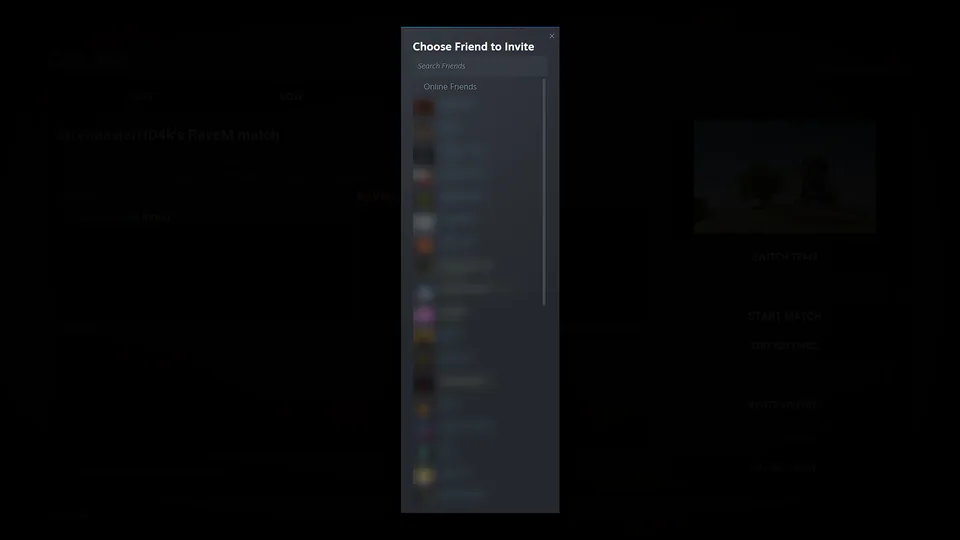 Steam overlay window titled Choose Friend to Invite, opened from the lobby's INVITE FRIENDS button. The friend names are blurred.