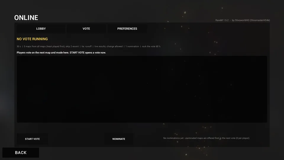 The lobby VOTE tab showing NO VOTE RUNNING, a summary of the vote rules, and START VOTE and NOMINATE buttons.