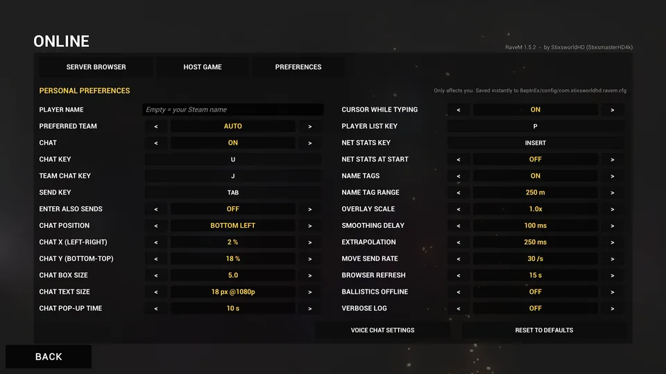 RaveM PERSONAL PREFERENCES page: player name, preferred team, chat settings and keys on the left; cursor while typing, player list key, net stats, name tags, overlay scale, smoothing delay, extrapolation, move send rate, browser refresh, ballistics offline and verbose log on the right.