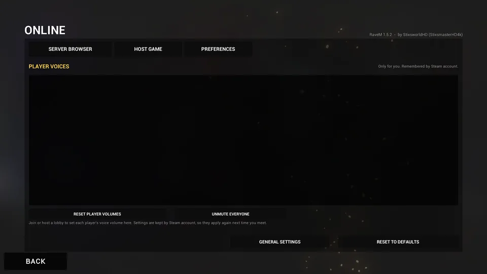 RaveM PLAYER VOICES page, empty outside a lobby, with RESET PLAYER VOLUMES and UNMUTE EVERYONE buttons.