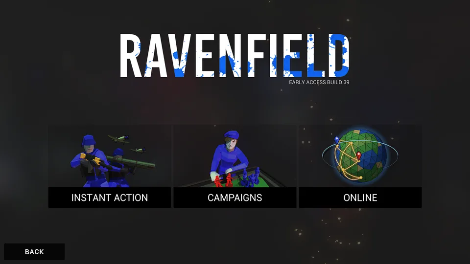 Ravenfield PLAY screen, Early Access Build 39, with three tiles: INSTANT ACTION, CAMPAIGNS and ONLINE. The ONLINE tile shows a low-poly globe with map pins and routes.